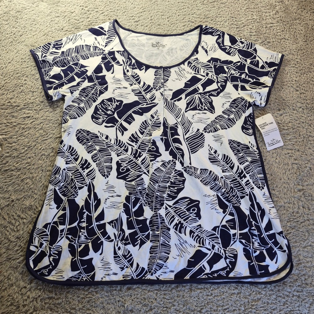 Baby Be Mine Maternity Nursing Top XL Womens Blue Tropical Palm Leaf Henley NWT
